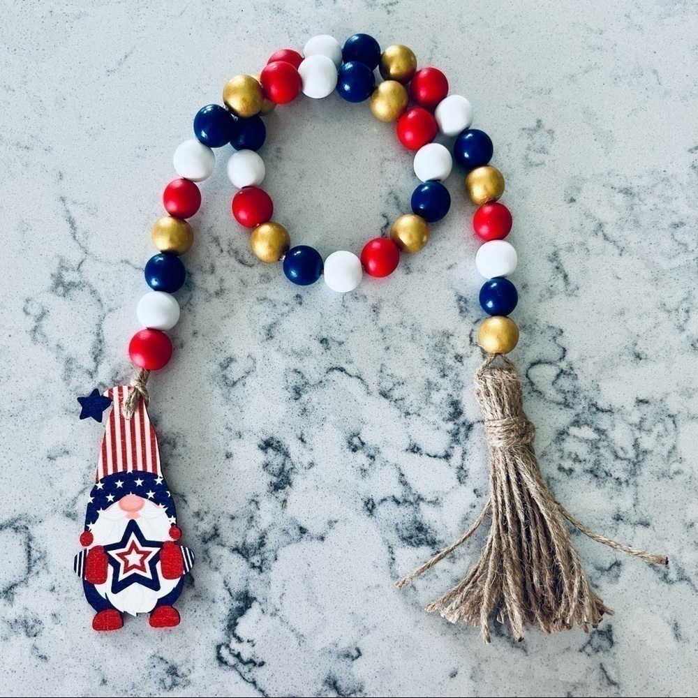 Fourth of July patriotic Gnome Wood Bead Garland red white and blue